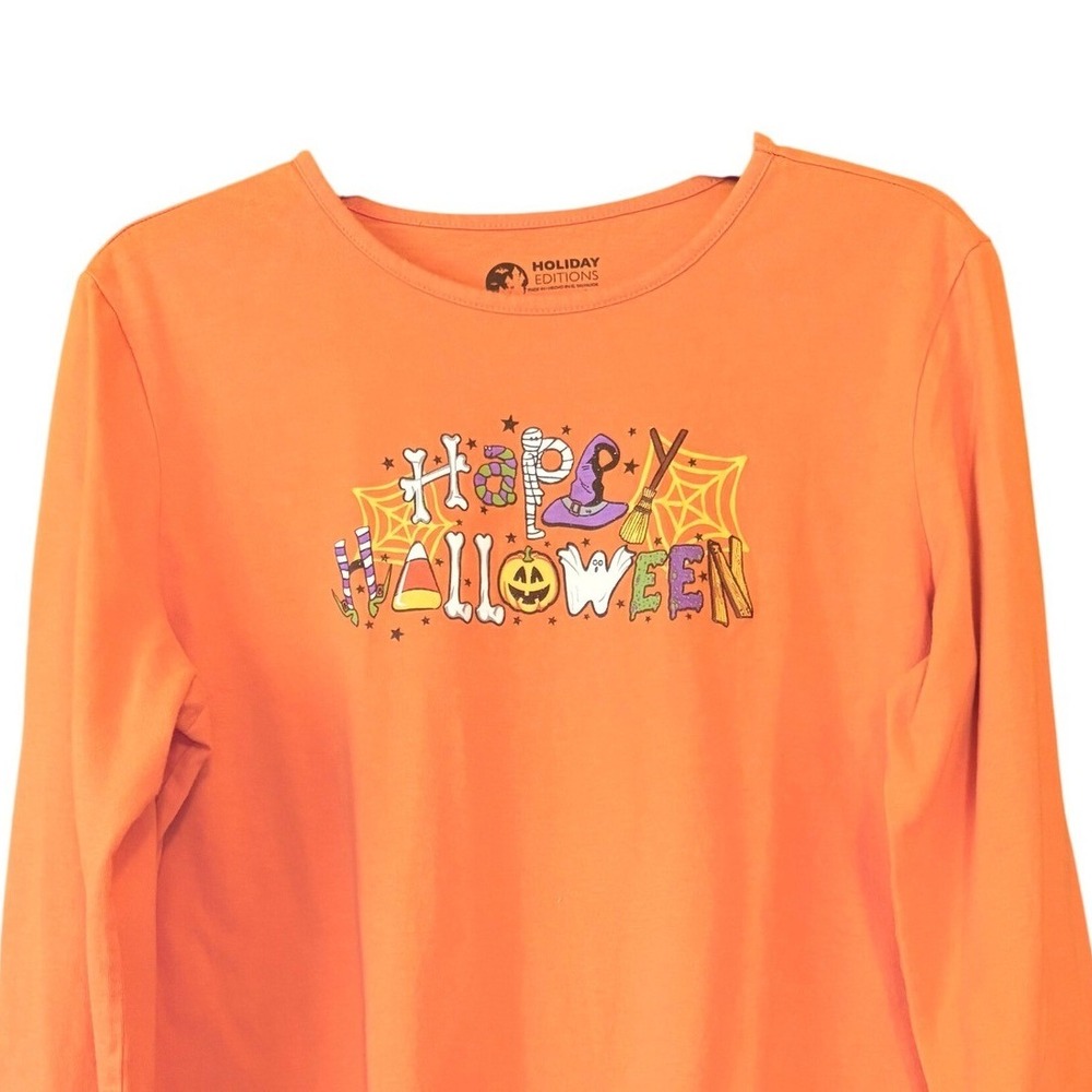 Halloween Holiday Editions Large‎ Long Sleeve 
T-Shirt Orange Happy Halloween